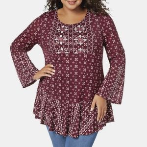 Style & Co Burgundy Bell Sleeve Ruffle Hem Blouse 1X